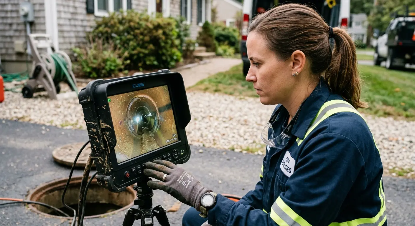 Technician reviewing sewer camera inspection footage in Lafayette