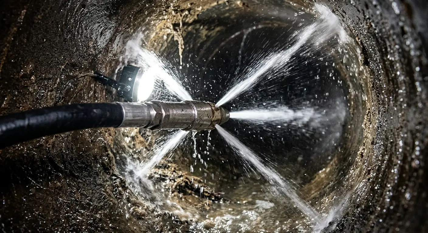 High-pressure hydro jetting nozzle cleaning sewer pipe for Emergency Drain Service in Lafayette